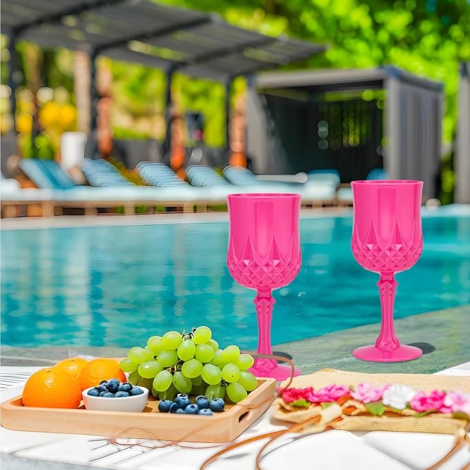 Plastic Vintage Wine Glasses 7OZ Plastic Goblets Vintage Drinking Glasses 48PCS Retro Wedding Glassware Water Goblets Reusable Drinking Cups for Party,Reception,Celebration,Bar,Whiskey(Rose Pink)