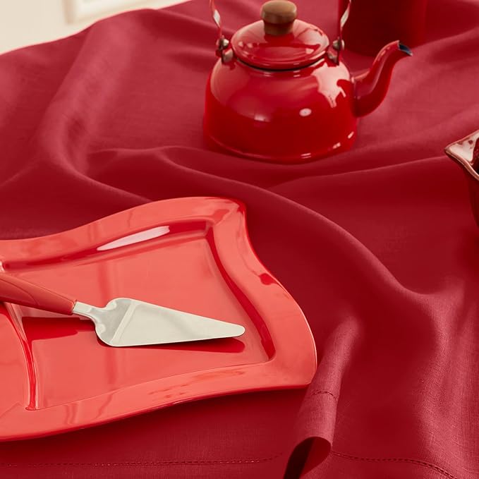 Solino Home Linen Red Table Runner 60 Inches - Classic Hemstitch, 100% Pure Linen Coffee Table Runner 14 x 60 Inch Ideal for Dresser Tables - Christmas, Holiday