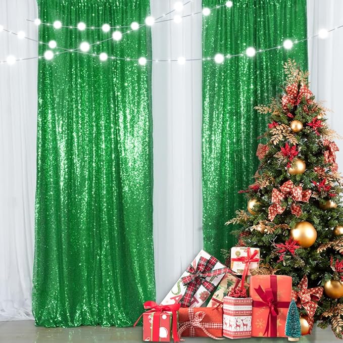 SquarePie Sequin Backdrop 2FTx8FT Green 2pcs Curtain Background for Wedding Party Christmas Decoration