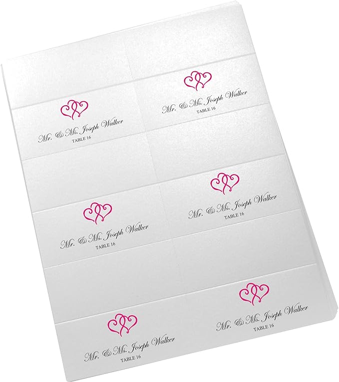 Linked Hearts Printable Place Cards, Fuschia (Choose Color), Set of 60 (10 Sheets), Laser & Inkjet Printers - Wedding, Party, Dinner, and Special Events - Made in the USA