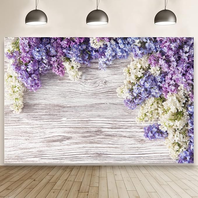 Purple Flower Wood Backdrop LFEEY 10x10ft Newborn Baby Shower Wooden Backdrop Photography Lilac Bloom Bouquet Wood Panel Wall Girls Adults Portrait Background Party Events Decoration Photo Studio Prop