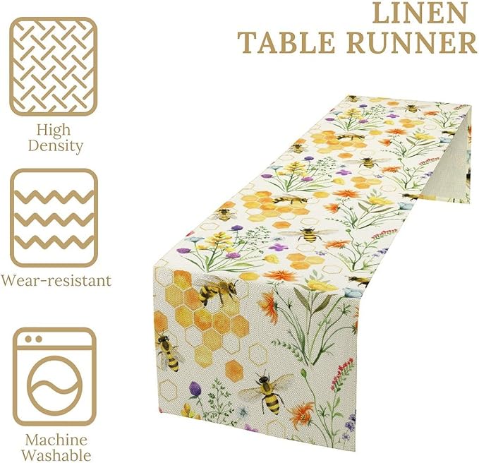 Summer Bee Table Runner, Seasonal Spring Wildflowers Bee Yellow Honeycombs Farmhouse Table Runner for Kitchen Dining Table Home Party Decor, 13x90inch