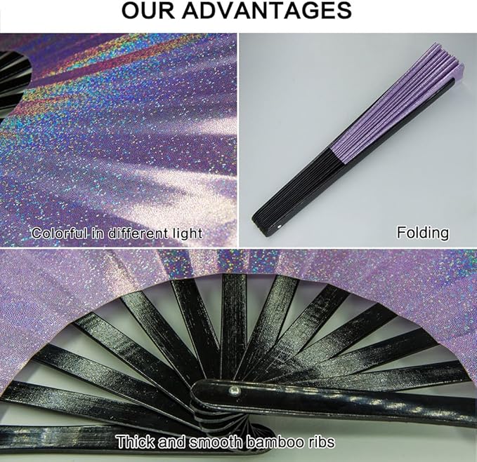 Large Rave Fan, Clack Folding Hand Fan with Premium Fabric, Thick Bamboo Frame for Men Women Gift for EDM, Festival, Club, Party, Dance, Decoration (Lridescent Purple, 13")
