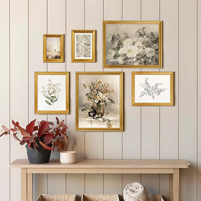 TWING 8x10 Gold Picture Frames Set of 6,Rustic Gold Frames Display Pictures 5x7 with Mat or 8x10 without Mat,Tabletop Display and Wall Mounting Collage Photo Frame Set for Wall Gallery