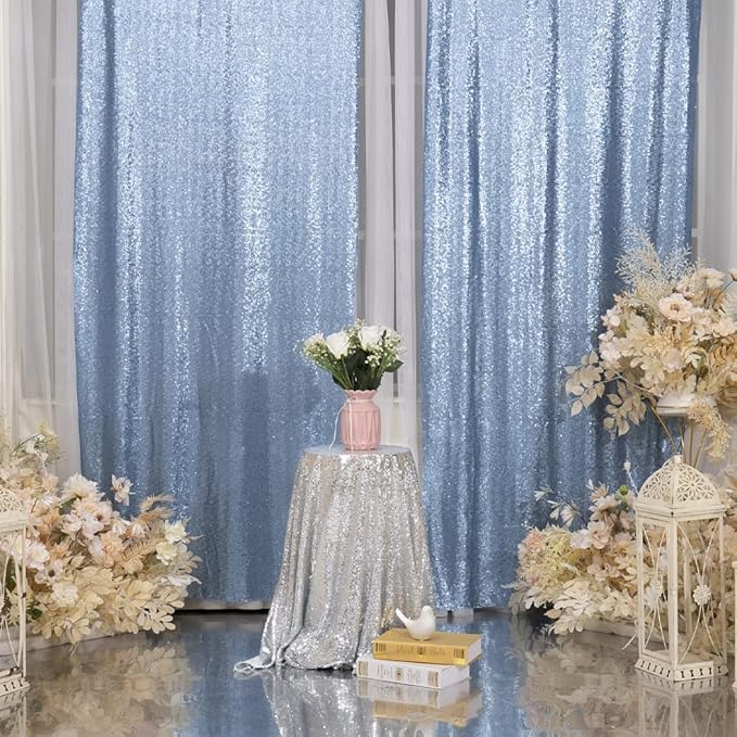 Juya Delight 2Pcs 2ftx8ft Baby Blue Shimmer Sequin Backdrop Curtains - Blue Glitter Photo Backdrop for Wedding Birthday Parties Wall Decoration