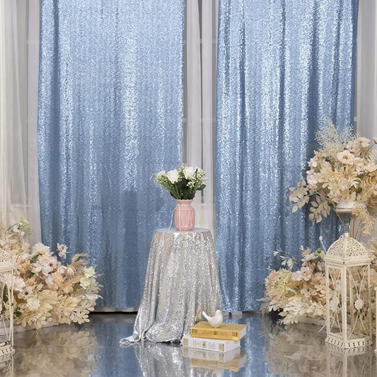 Juya Delight 2Pcs 2ftx8ft Baby Blue Shimmer Sequin Backdrop Curtains - Blue Glitter Photo Backdrop for Wedding Birthday Parties Wall Decoration
