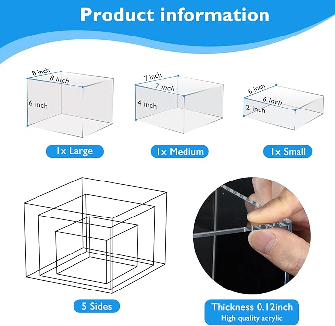 3Pcs Clear Buffet Risers Acrylic Boxes Display Food Risers for Buffet Table Platter Parties Weddings Catering Dessert Collectibles Figures Show ( 6''x7''x8'')