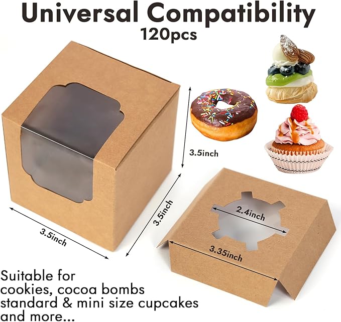 JCD 120pcs Cupcake Boxes, 3.5inches Individual Pre-Assembled Kraft Brown Cupcake Boxes with Window Single Cupcake Containers for Mother's Day, Birthdays, Baby Shower (Brown/120Pcs)