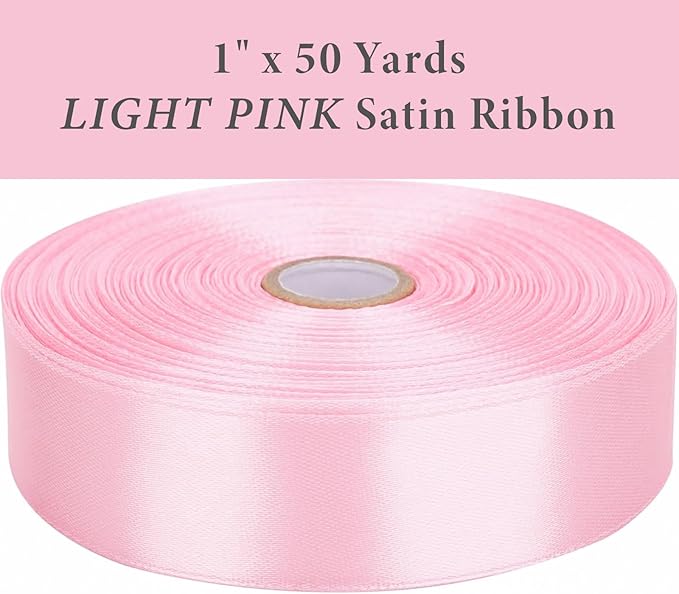 1" x 50 Yards Light Pink Satin Ribbon Single Faced Fabric Ribbons for Gift Wrapping, Crafting, Bows Making, Flower Bouquet, Wedding, Home Decor