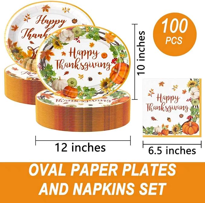 100Pcs Thanksgiving Oval Paper Plates and Napkins Set, 10" x 12" Party Plates,Large Disposable Dinner Plates for Fall Party and Thanksgiving Day