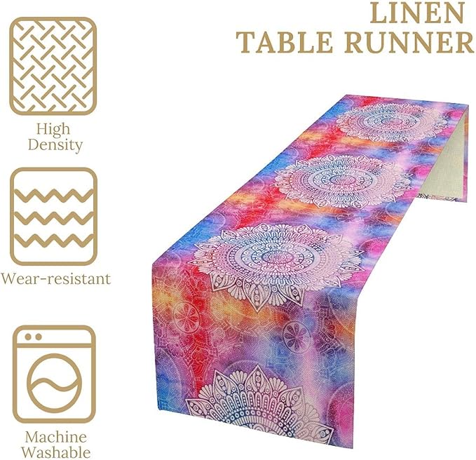 Vintage Mandala Table Runner, Bohemian Indian Purple Starry Colorful Floral Print Table Runner for Home Kitchen Dining Table Party Decor, 13x120inch