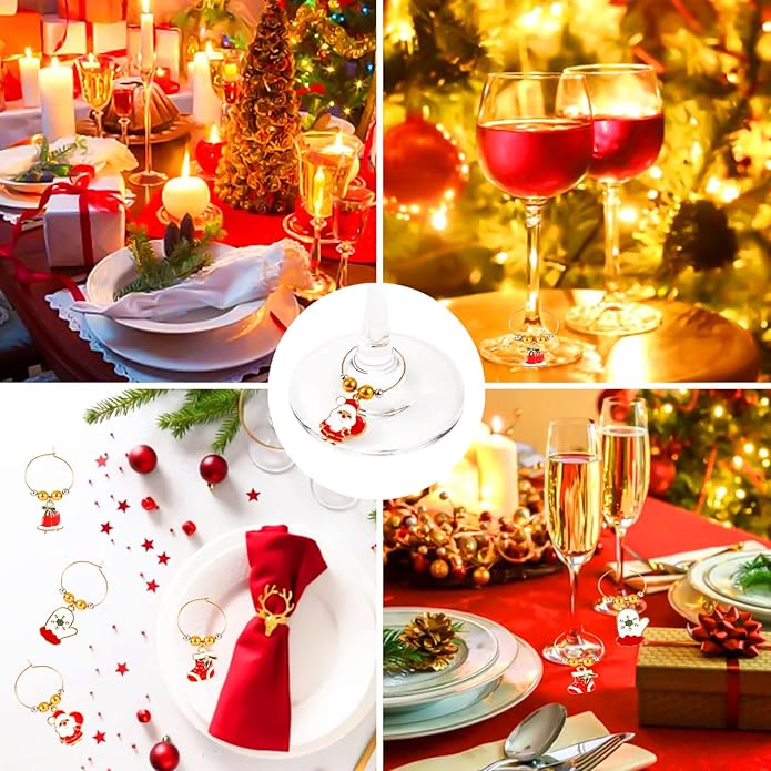 20pcs Christmas Wine Glass Charms, Cute Wine Glass Markers Tags Charms with Flannel Bag Christmas Theme Drink Identifier for Stem Glasses for Wine Tasting Party Favors Decorations