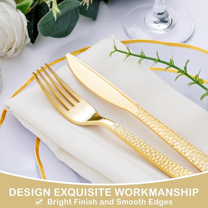 Supernal 180 pieces Gold Plastic Silverware, Disposable Plastic Utensils Heavy Duty, Gold Disposable Silverware Sets Include 60 Knives, 60 Forks and 60 Spoons, Suitable for Party, Birthday, Wedding
