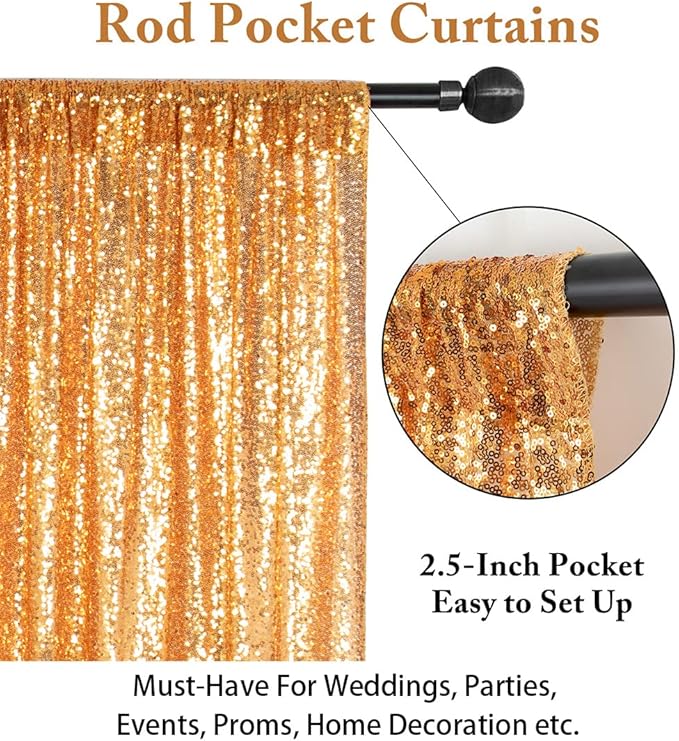 ShinyBeauty Sparkle Backdrop Curtain Gold 2 Panels Set Sequin Photo Backdrop 2FTx8FT Sequin Backdrop Curtain Pack of 2-1220S