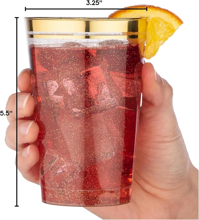 Perfect Settings 100 Premium 12oz Hard Plastic Cups Clear Glitter Gold Plastic Double Colored Rimmed Cups Fancy Disposable Wedding Cups Elegant Party Cups with Twin Colored Rim (Glitter Gold Rim, 12)