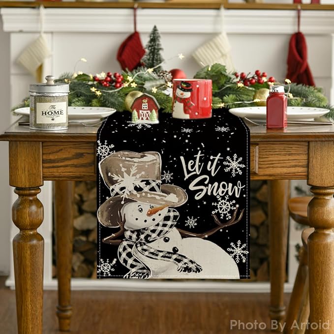 Artoid Mode Black Snowman Snowflake Let it Snow Winter Table Runner, Christmas Kitchen Dining Table Decoration for Home Party Decor 13x108 Inch