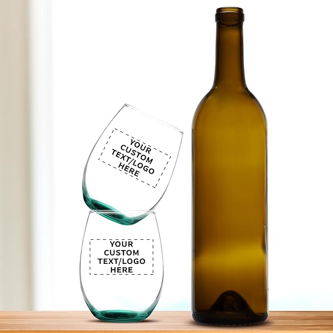 Custom Stemless Wine Glass 9 oz. Set of 100, Personalized Bulk Pack - Great for Wedding Favors, Bachelorette Party Decorations, Party Favors, Color Bottom - Green