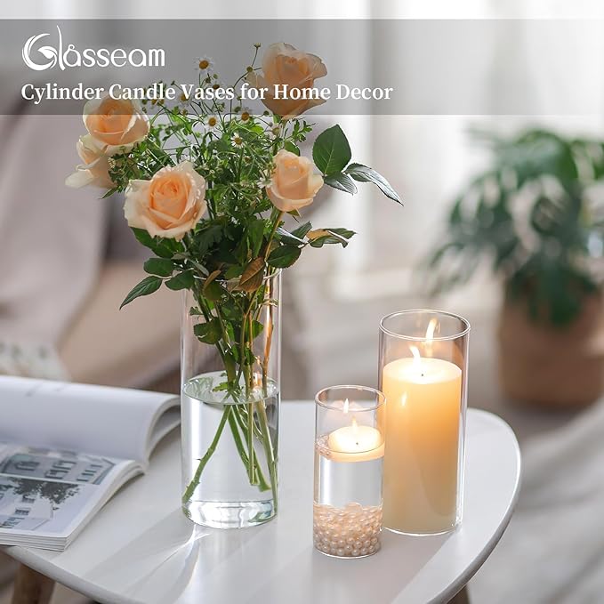 Glasseam Clear Cylinder Vases for Centerpieces, Glass Cylinder Vase Set of 30 for Flowers, Modern Hurricane Candle Holder for Pillar Candles, Floating Candle Vases for Wedding Table Decorations