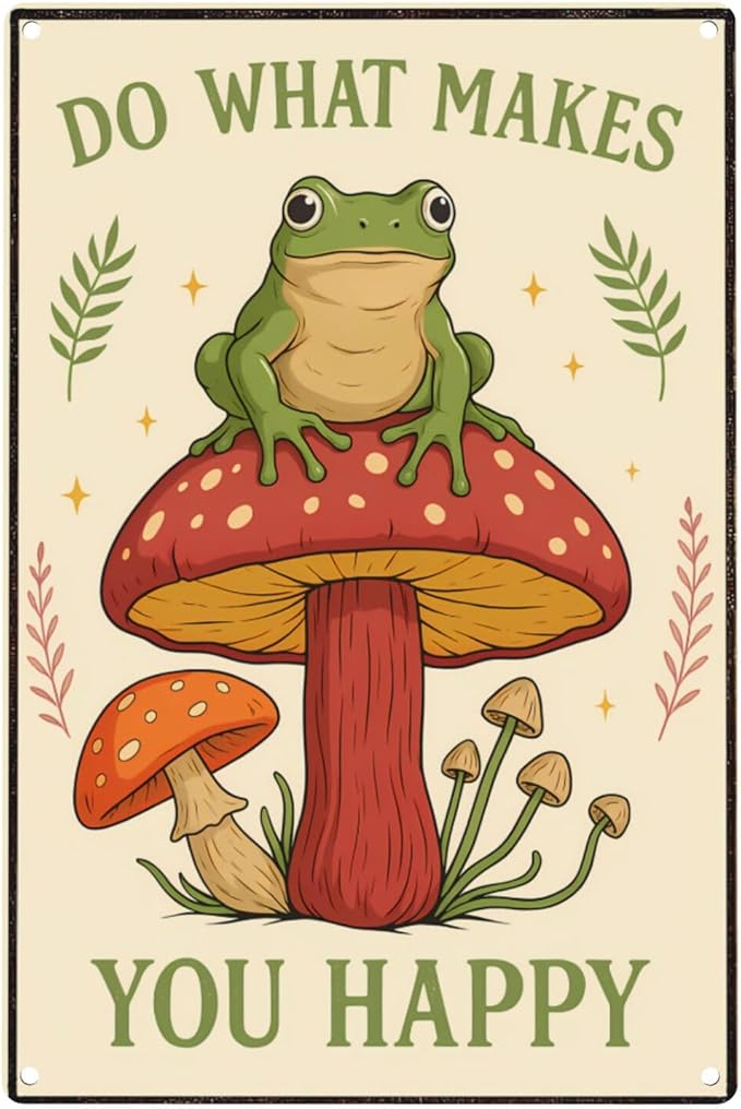 Funny Frog on Mushroom Metal Sign - Cute Cottagecore Forest Wall Decor for Bathroom, Kitchen, Bedroom or Patio - Whimsical 12" x 8" Tin Sign