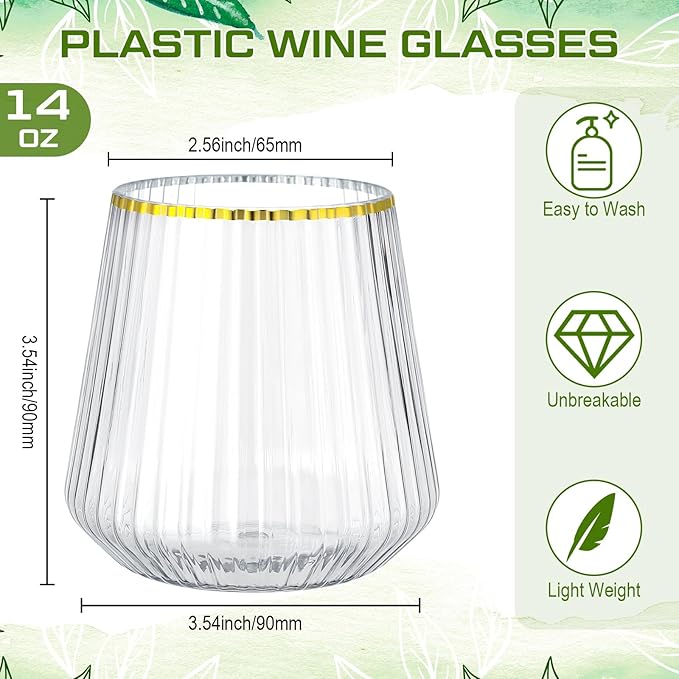 Suclain Plastic Wine Glasses Ribbed Stemless Wine Glasses 14oz Vertical Design Unbreakable Cups for Outdoor Indoor Vintage Elegant Champagne Whiskey Cups for Party Wedding(Clear, Gold,50 Pcs)