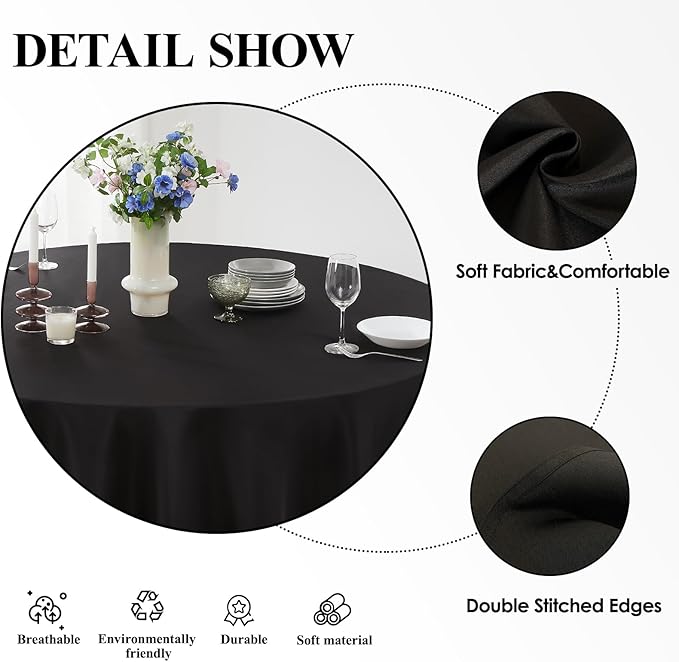 Round Tablecloth 10 Pack 108 Inch Black Tablecloths Washable Decorative Linen Polyester Table Clothes Cover for Dining Table Banquets Buffet Parties and Wedding