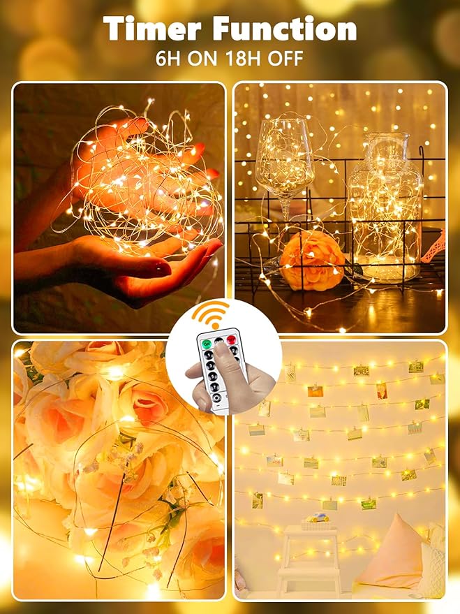 2 Pack Fairy Lights Battery Operated with Remote Control Timer, LED String Lights Outdoor Indoor, 8 Mode Twinkle Lights for Christmas Party Wedding Birthday Bedroom Décor (Warm White)