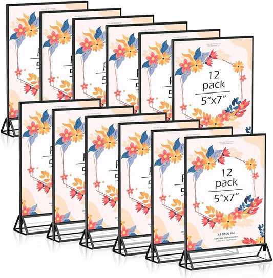 5" x 7" Black Acrylic Sign Holders, 12PCS Wedding Table Numbers Sign Holder, Double Sided Acrylic Black Frame Sign Holders Display Stand for Wedding Table Numbers, Restaurant Sign, Menu, Photo
