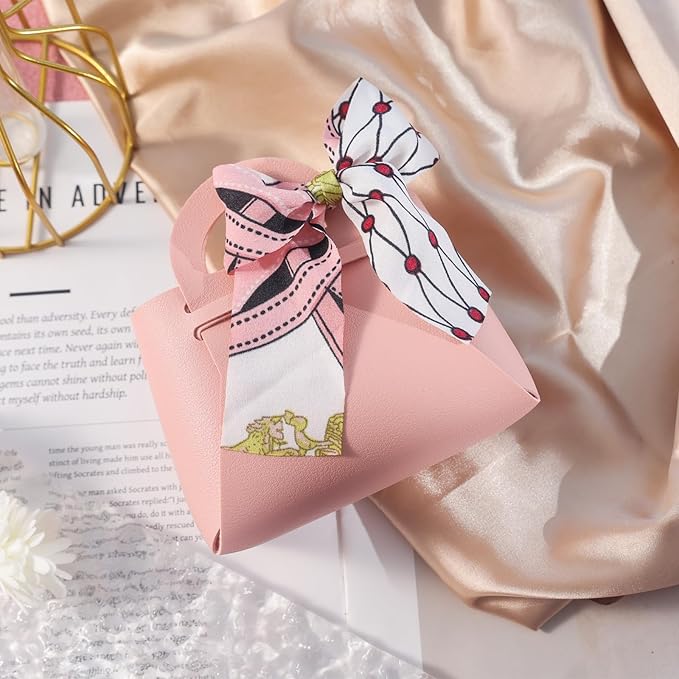 VGOODALL Small Gift Boxes with Bow Handle, Party Favor Boxes, 10 Pack, Pink, PU Leather for Wedding, Baby Shower, Birthday
