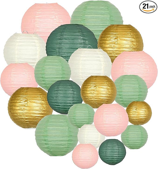 ADLKGG Paper Lanterns Decorative, Round Hanging Paper Lanterns Decorations for Graduation Bridal Shower Wedding Birthday Neutral Baby Shower Decorations Home Decor Sage Green/Pink/Gold 21pcs