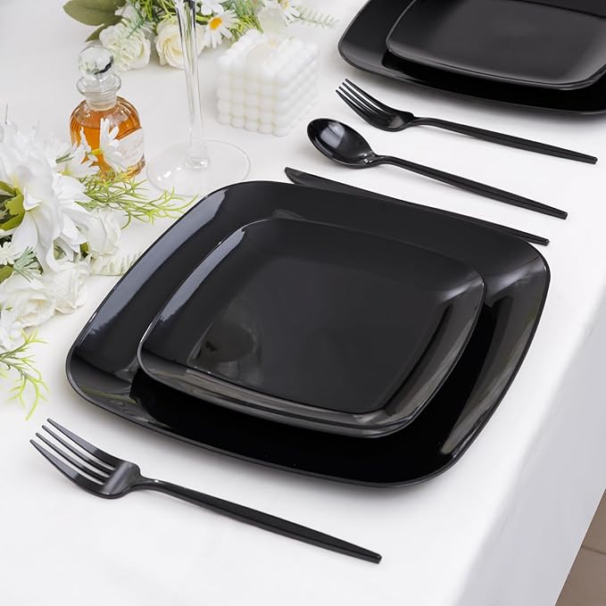 PULOTE 60PCS Black Square Plastic Plates Disposable - Include 30 Dinner and 30 Dessert Plates,Ideal for Party&Halloween