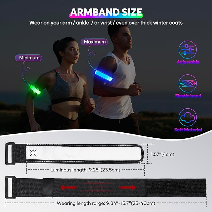 LED Armband for Running Walking Cycling, Multicolor Light Up Armband with Battery Indicator, Rechargeable Running Lights Safety Band for Night Visibility,Adjustable Reflective Gear for Adults & Kids