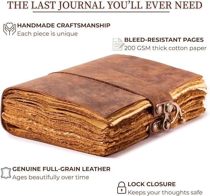 NomadCraftsCo. Vintage Leather Journal - Lock Closure, Book of Shadows Journal, Grimoire Journal, Witch Journal, Vintage Journal 240 pages Antique Deckle Edge Paper
