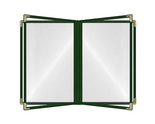Goodsmart Restaurant Menu Covers – 25 Pack Green 8-View Booklet 8.5" x 14", Side-Loading Vinyl & Plastic Menu Holders, Clear Menu Sleeves, Leather-Style Café Covers with Gold Corners
