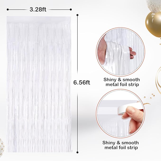 2 Pack White Metallic Tinsel Foil Fringe Curtains, Door Streamers Photo Booth Backdrop for Birthday Party, Tinsel Curtain Backdrop for Baby Shower Bachelorette Christmas Party Decorations