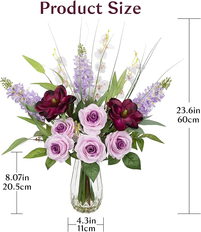 Briful Large Artificial Flowers Floral Arrangement, Mixed Purple Rose, Lilacs, White Orchids Potted Fake Silk Flowers in Clear Vase with Faux Water, Eucalyptus Stem Decor, Elegant Home Office Décor
