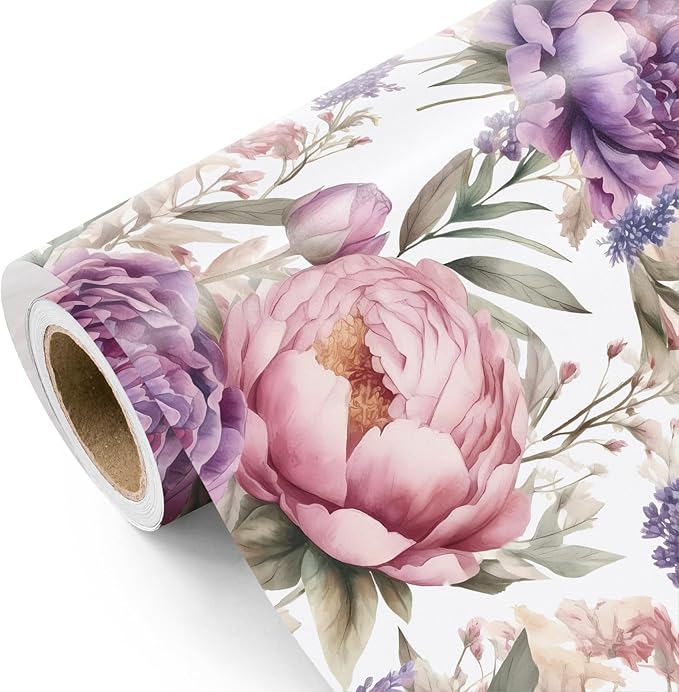 WRAPAHOLIC Floral Wrapping Paper Roll - Mini Roll - 17 Inch x 9.8 Feet - Purple Flower Wrapping Paper, Perfect for Girls Women Birthday, Wedding, Bridal Shower