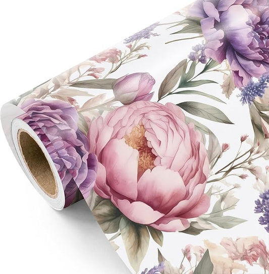 WRAPAHOLIC Floral Wrapping Paper Roll - Mini Roll - 17 Inch x 9.8 Feet - Purple Flower Wrapping Paper, Perfect for Girls Women Birthday, Wedding, Bridal Shower