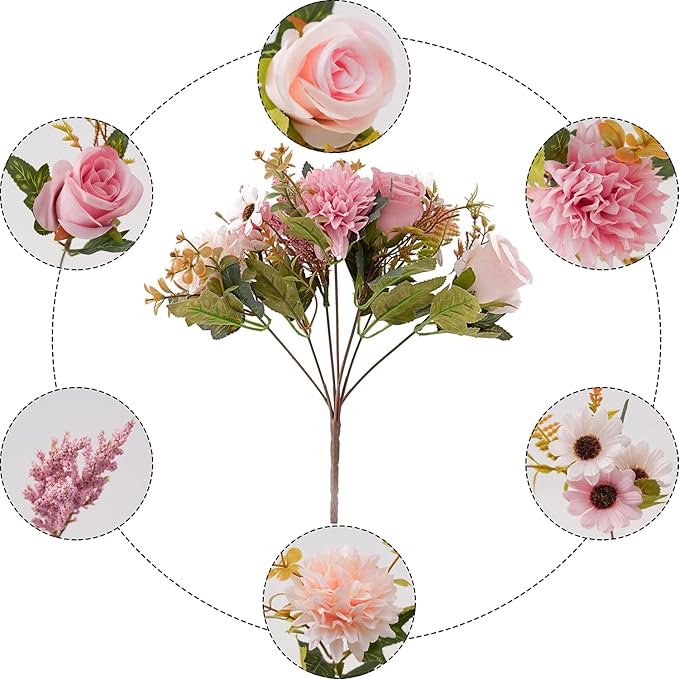 Epicpetal Fake Flowers in Vase, Artificial Pink Flowers in Vase for Decoration Faux Flowers Fake Floral for Home Decor Indoor Dining Table Centerpiece (Pink)