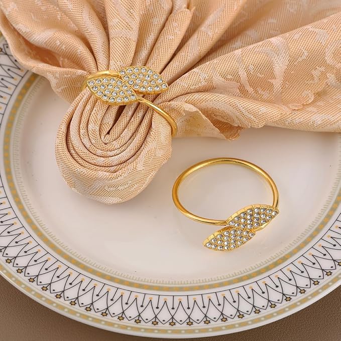 Set of 100 Napkin Rings Metal Gold Elegant Bling Leaves Rhinestone Napkin Ring, Napkin Rings Bulk Dinner Banquet Serviette Decor, Dining Table Setting for Thanksgiving Christmas Holiday Wedding Party