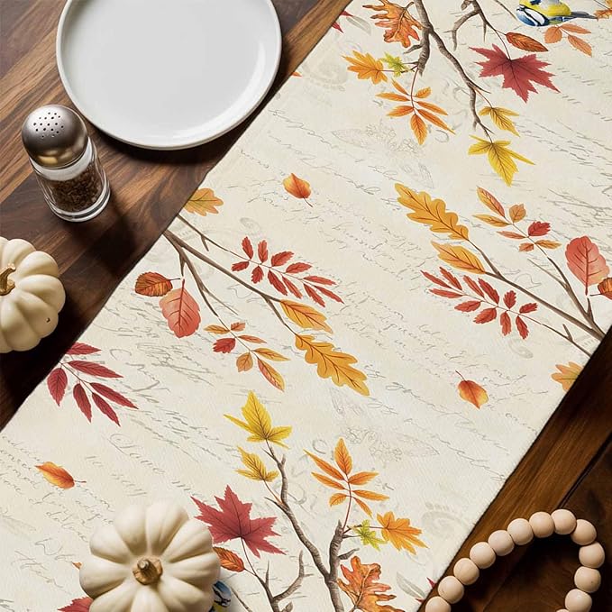 Thanksgiving Fall Cotton Linen Table Runner for Dining Kitchen, Blue Pumpkins Rustic Wedding Outdoor Party Autumn Tablerunners Decoration, Leaves Dresser Scarf Coffee Tablecloth Runners 13x48 Inches