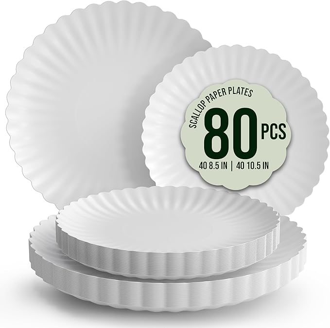 Trendables Scalloped Paper Plates 8.5 Inch & 10.5 Inch 80 Pcs Dinner Plate Set Fancy Disposable Plates for Party for 40 Guests 40 X 8 & 40 X 10 Large & Small Paper Plate Set for Parties Snow