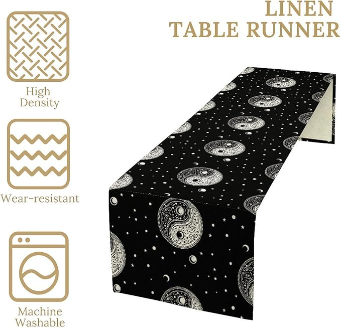 Mystical Celestial Table Runner, Vintage Bohemian Black Yin Yang Symbol Moon Stars Print Table Runner for Office Kitchen Dining Wedding Party Home Coffee Table, 13x70inch