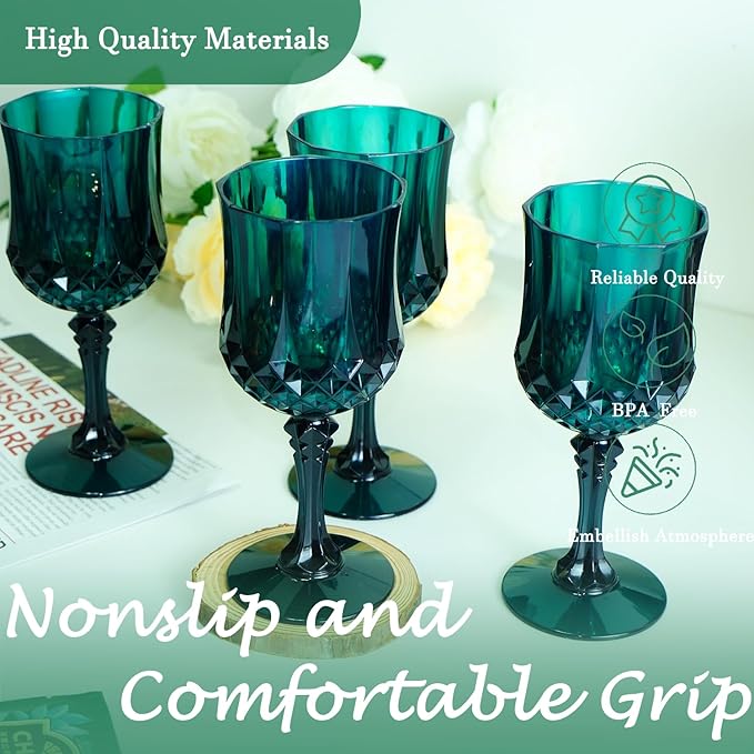 Plastic Wine Glasses，Plastic Goblets Vintage Style Cordial Drinking Glasses for Wedding Reception, Christmas Grand Event Party Supplies (48, Green)