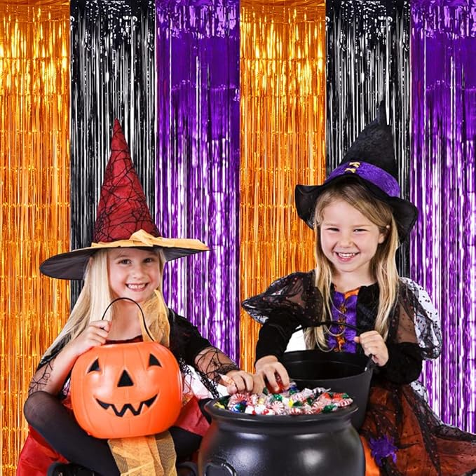 TONIFUL 2Pcs Orange Purple Black Metallic Tinsel Foil Fringe Curtains,3.28ft x 6.56ft Halloween Photo Booth Backdrop Streamer,Photo Props,for Party Door Wall Curtains Wedding Birthday(9.9ft x 6.6ft)