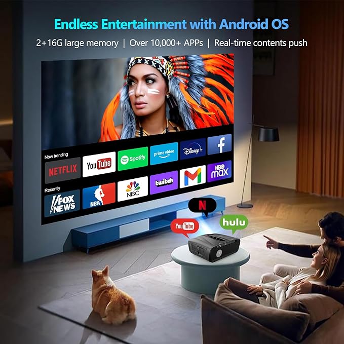 Ultra HD 4K Projector Auto Focus HDR WiFi6, Smart LED WiFi Bluetooth Projector 4K Daylight Home Cinema Movie Gaming 2300ANSI Ceiling Mounted Indoor Outdoor with Auto Keystone Zoom HDMI USB LAN Apps