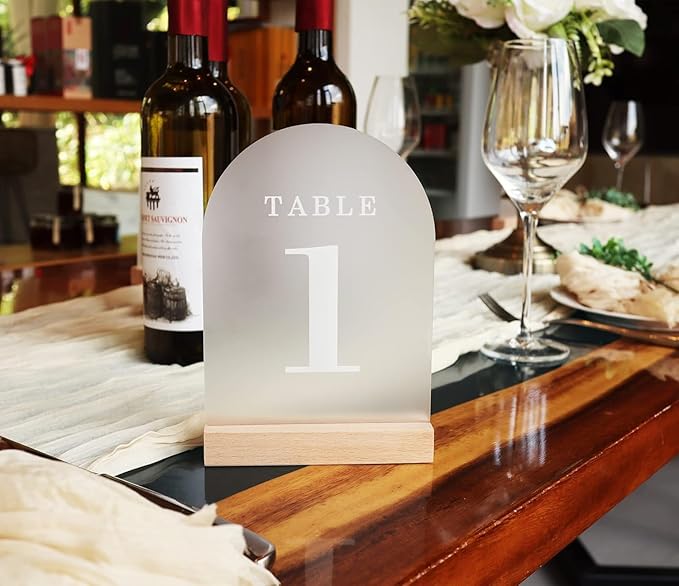 Wedding Table Numbers 26-30, Acrylic Arch Signs with Natural Wood Stands Holders, Rustic Table Decor for Reception & Parties (Frosted White)