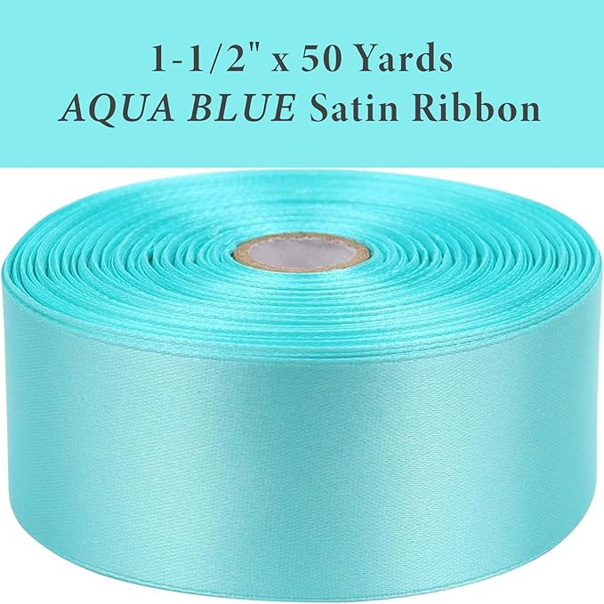 1-1/2 Inch Aqua Blue Satin Ribbon 50 Yards Solid Fabric Ribbons for Gift Wrapping, Crafts, Floral Arrangements, Wedding, Party, Holiday and Home Decor