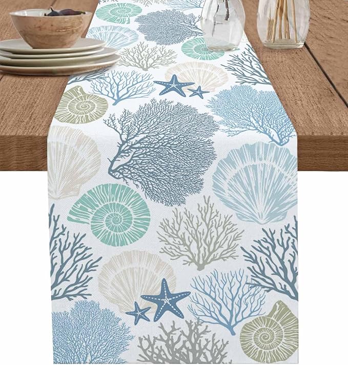 Coastal Coral Cotton Linen Table Runner for Dining Kitchen, Wedding Outdoor Party Tablerunners Decoration, Blue Nautical Starfish Ocean Shell Beach Dresser Scarf Coffee Tablecloth Runners 13x90 Inches