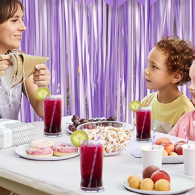 Disposable Purple Striped Party Paper Drinking Straws 100 Counts 7.75'' x 0.24'', Unwrapped, for Cocktail, Coffee, Water