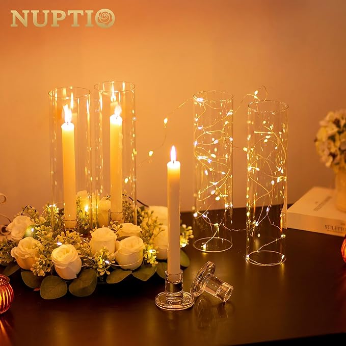 NUPTIO Glass Candle Stick Holder: Set of 10 Clear Small Taper Candlestick Holders for Tapered Candles Bulk Crystal Short Tapers Candlesticks Candleholder for Dining Table Fireplace Mantle Decor